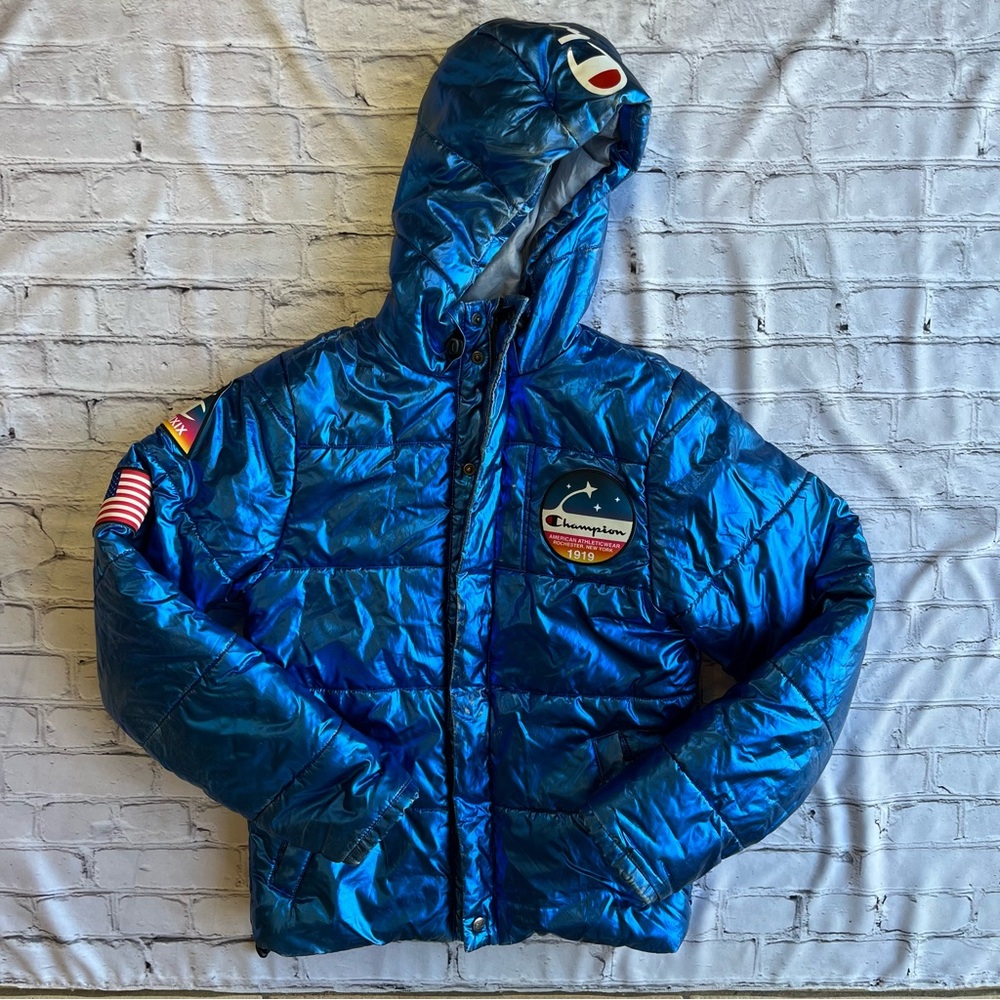 Champion x NASA Blue Metallic Full Zip Space Puffer Jacket Unisex XS Hooded